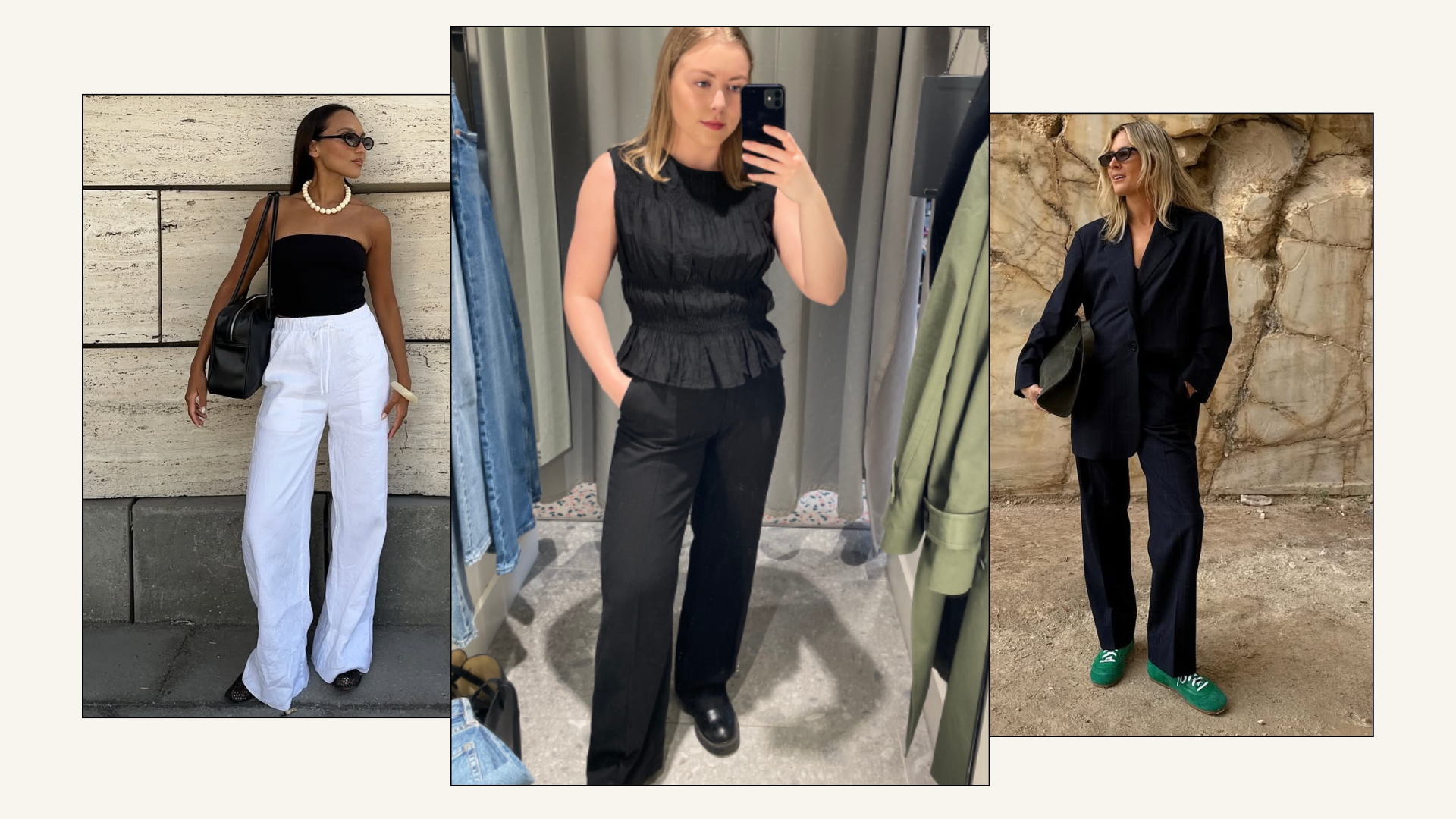 Influencers Ingrid Edvinsen and Lucy Williams and shopping editor Florrie Alexander in three pairs of linen trousers.