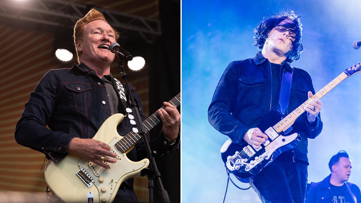 Conan O&#039;Brien (left) and Jack White performing onstage