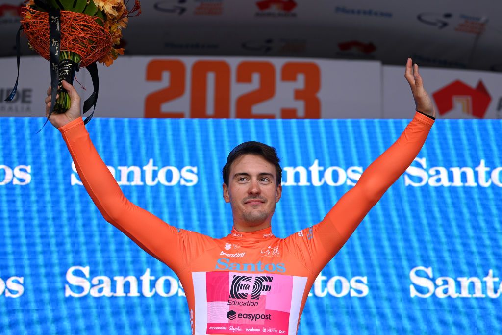 TANUDAZ AUSTRALIA JANUARY 18 Alberto Bettiol of Italy and Tam EF Education Easypost celebrates at podium as Orange Leader Jersey during the 23rd Santos Tour Down Under 2023 Stage 1 a 1499km stage from Tanunda to Tanunda on January 18 2023 in Tanunda Australia Photo by Tim de WaeleGetty Images