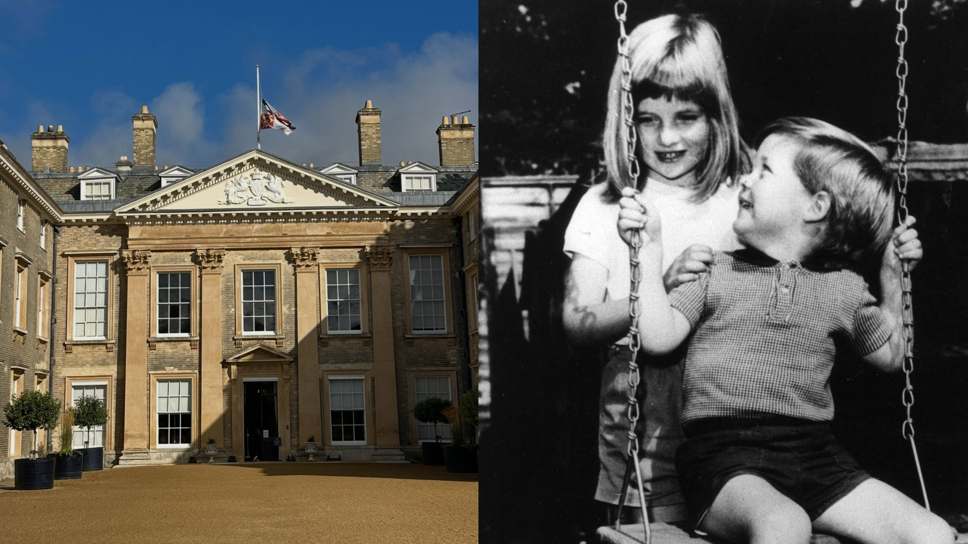 The exterior of Althorp House; a black and white photo of Charles Spencer and Princess Diana on a swing as kids