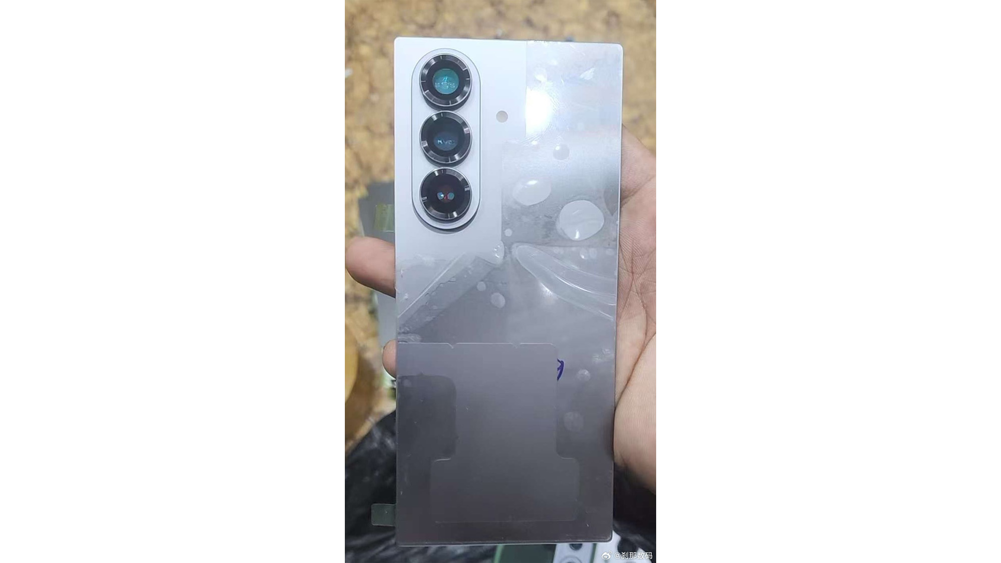 An alleged photo of the back of a Samsung Galaxy Z Fold 7, in a light blue color