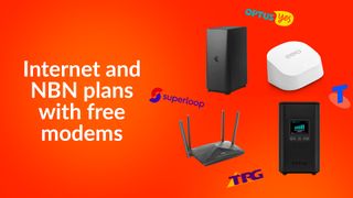 Red background with white text that says 'Internet and NBN plans with free modems' on the left hand side with images of modems and scattered internet provider logos on the right 