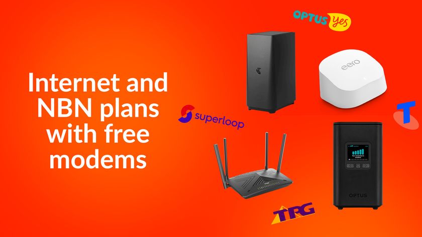 Red background with white text that says &#039;Internet and NBN plans with free modems&#039; on the left hand side with images of modems and scattered internet provider logos on the right 