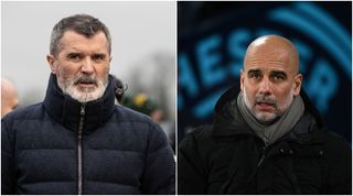 TAMWORTH, ENGLAND - JANUARY 12: TV pundit Roy Keane looks on during the Emirates FA Cup Third Round match between Tamworth and Tottenham Hotspur at The Lamb Ground on January 12, 2025 in Tamworth, England. (Photo by Andrew Kearns - CameraSport via Getty Images) Pep Guardiola Manchester City manager