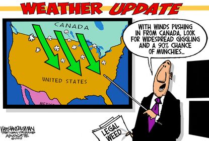 Political cartoon U.S. Canada legal weed giggling munchies weather report