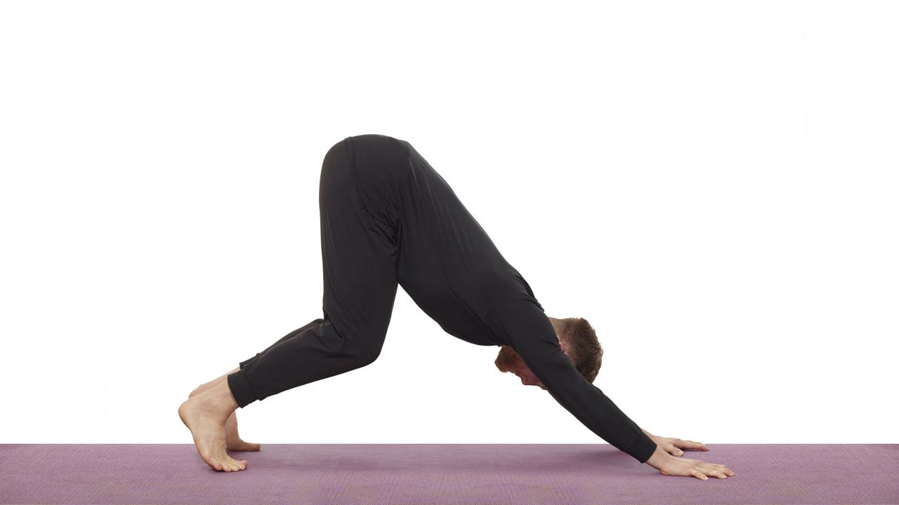 Yoga teacher Nick Higgins performs downward dog