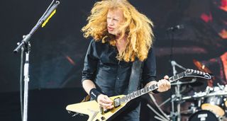 Dave Mustaine of Megadeth plays his signature gold Gibson V onstage at Resurrection Fest Estrella Galicia 2024