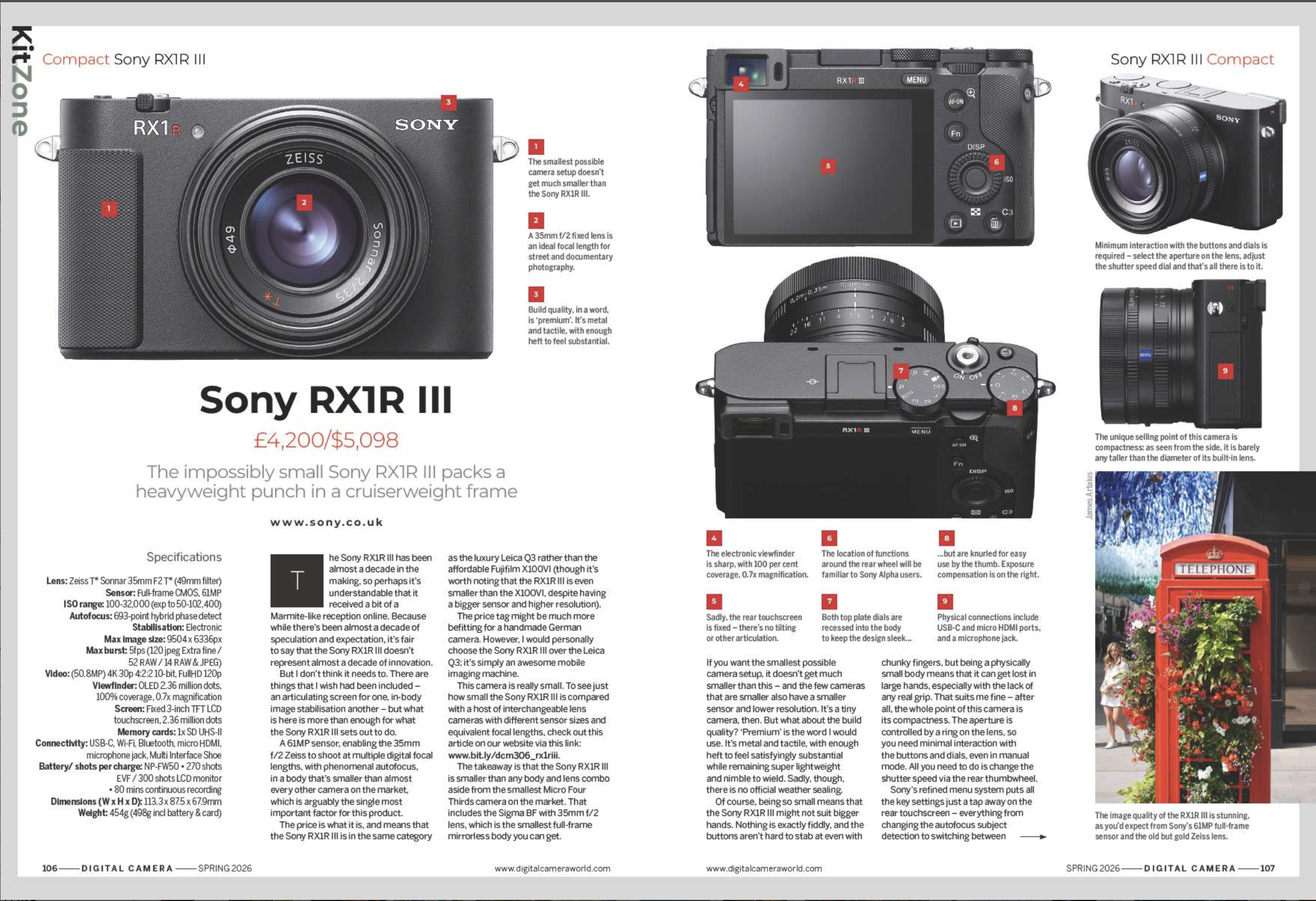Image showing the first two pages of the Sony RX1R III camera review, in issue 306 (Spring 2026) of Digital Camera magazine
