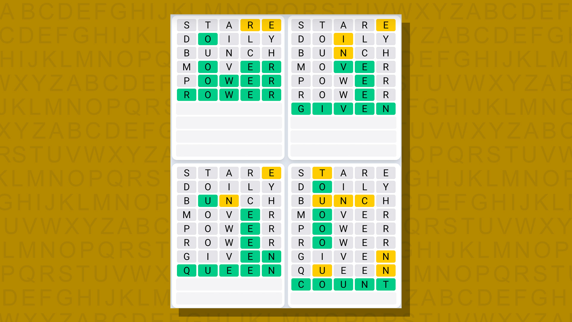 Quordle daily sequence answers for game 691 on yellow background