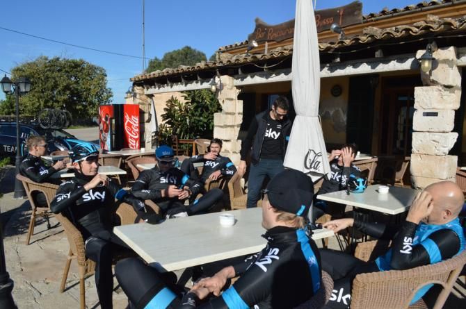 The riders and team manegement relax at the Team Sky camp