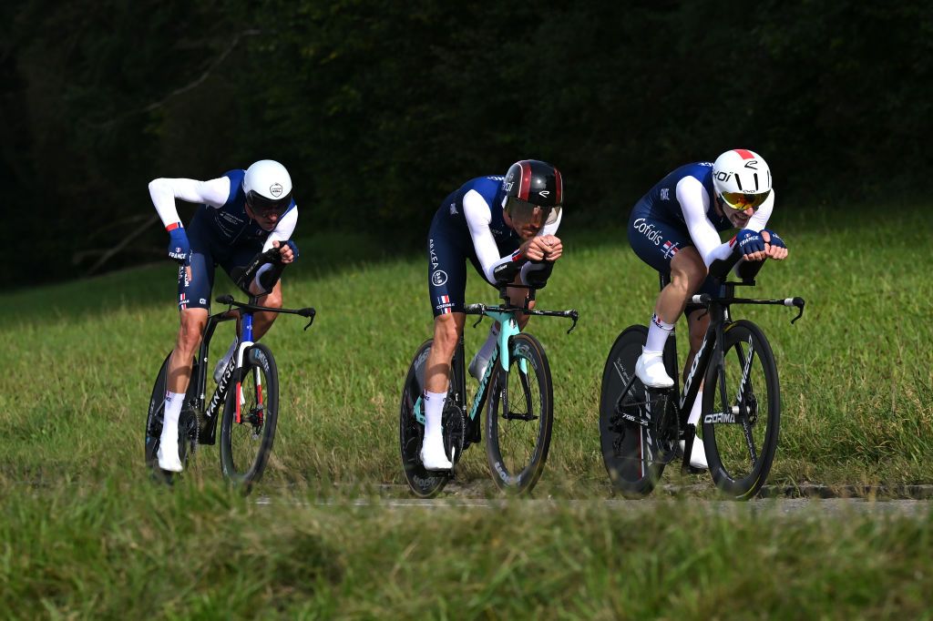 ZURICH SWITZERLAND SEPTEMBER 25 Bruno Armirail Thibault Guernalec and Benjamin Thomas of Team France sprint during the 97th UCI Cycling World Championships Zurich 2024 Mixed Relay Team Time Trial a 537km one day race from Zurich to Zurich on September 25 2024 in Zurich Switzerland Photo by Tim de WaeleGetty Images