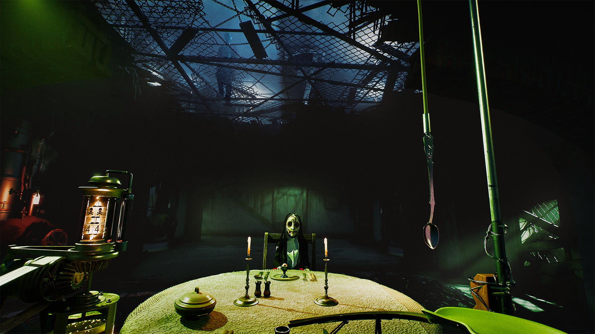 Billy the Puppet sits at a dining table in a warehouse in SAW: Genesis' The Corrosive Gaze game