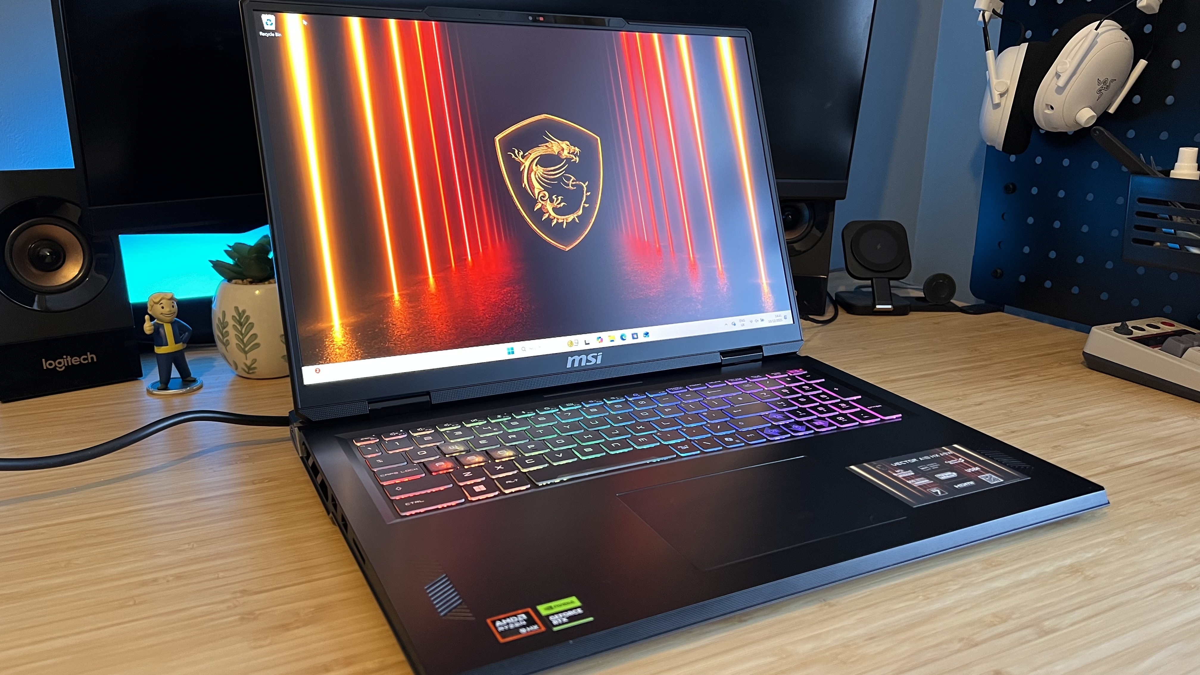 MSI Vector A18 HX A9W gaming laptop on a wooden desk