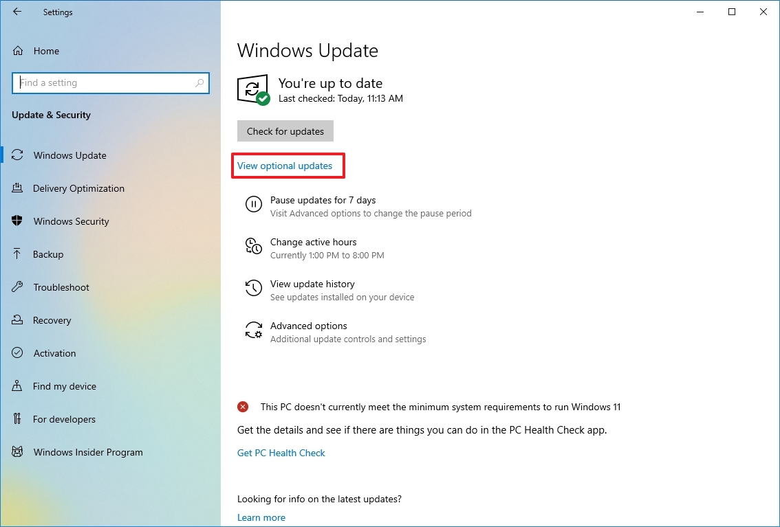 View optional updates on Windows 10