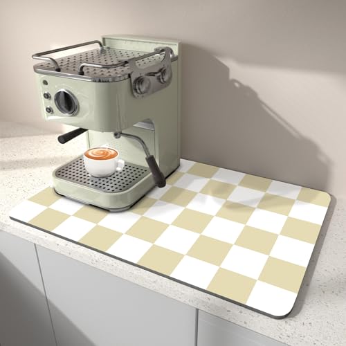 Dish Drying Mat for Kitchen, 40 X 45cm Coffee Bar Mats for Countertop Fit Under Coffee Maker, Checkered Drying Mat, Hide Stain Rubber Backed Espresso Machine Absorbent Drying Pad, Beige &amp;amp; White