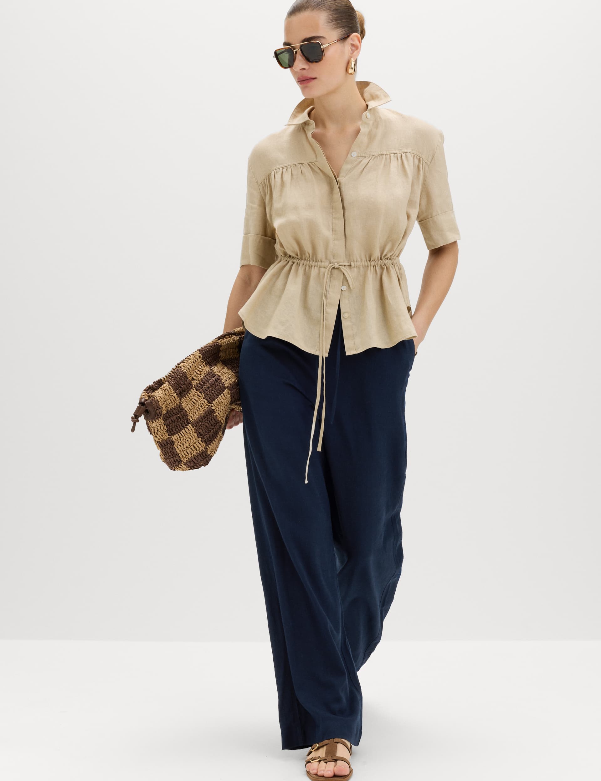 Drawstring Wide Leg Trousers With Linen
