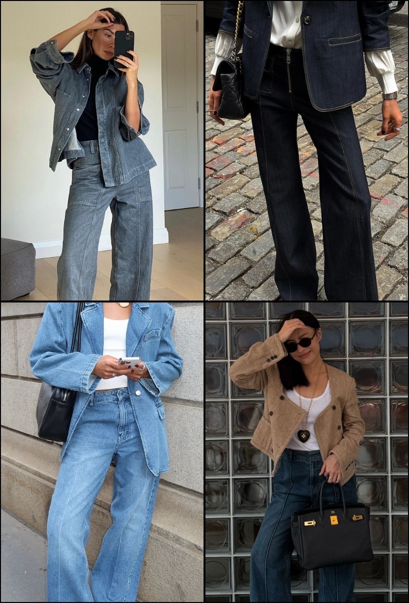 @smythsisters wears grey-blue pintuck jeans, @veneti.a wears indigo pintuck jeans, @ingridedvinsen wears light-blue pintuck jeans, @savinachow wears dark-blue pintuck jeans