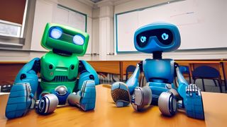 A green robot representing ChatGPT and a blue robot representing Bing Chat sitting in a school classroom