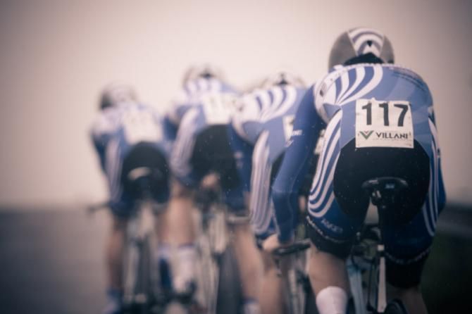 The UnitedHealthcare team heads out on course for the team time trial.