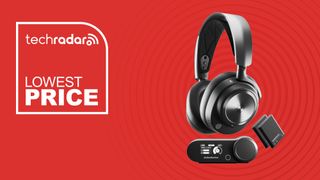 The SteelSeries Arctis Nova Pro Wireless on a red background with white lowest price text