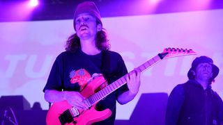 Brady Ebert (L) and Brendan Yates of Turnstile perform at Heart Health Park on November 12, 2021 in Sacramento, California