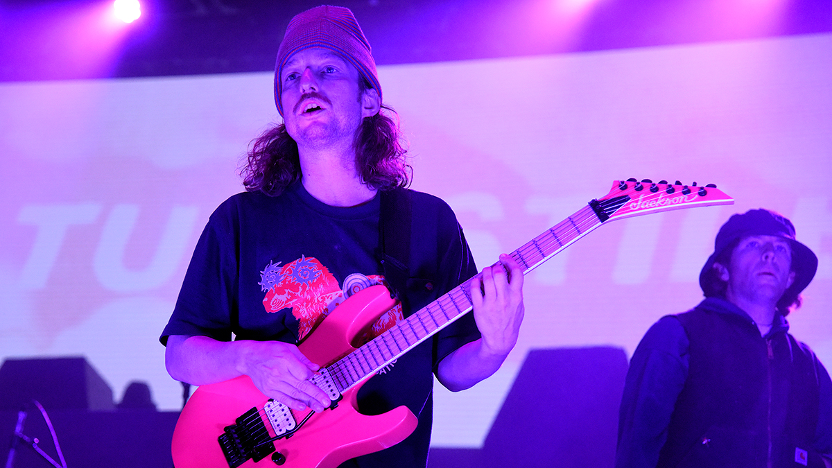Brady Ebert (L) and Brendan Yates of Turnstile perform at Heart Health Park on November 12, 2021 in Sacramento, California