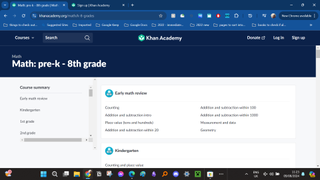 A screenshot of the Khan Academy home page in the Chrome browser