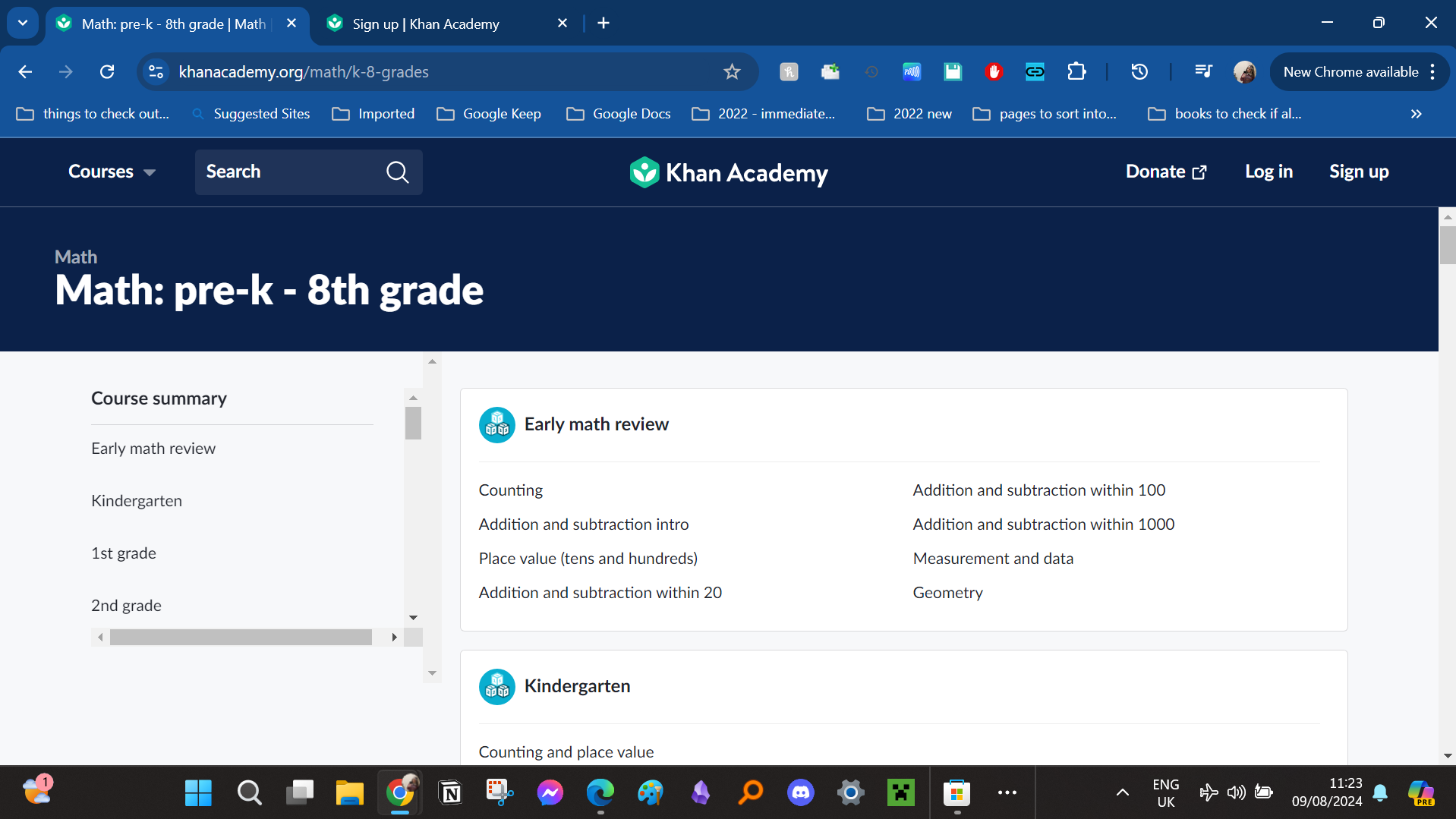 A screenshot of the Khan Academy homepage in the Chrome browser