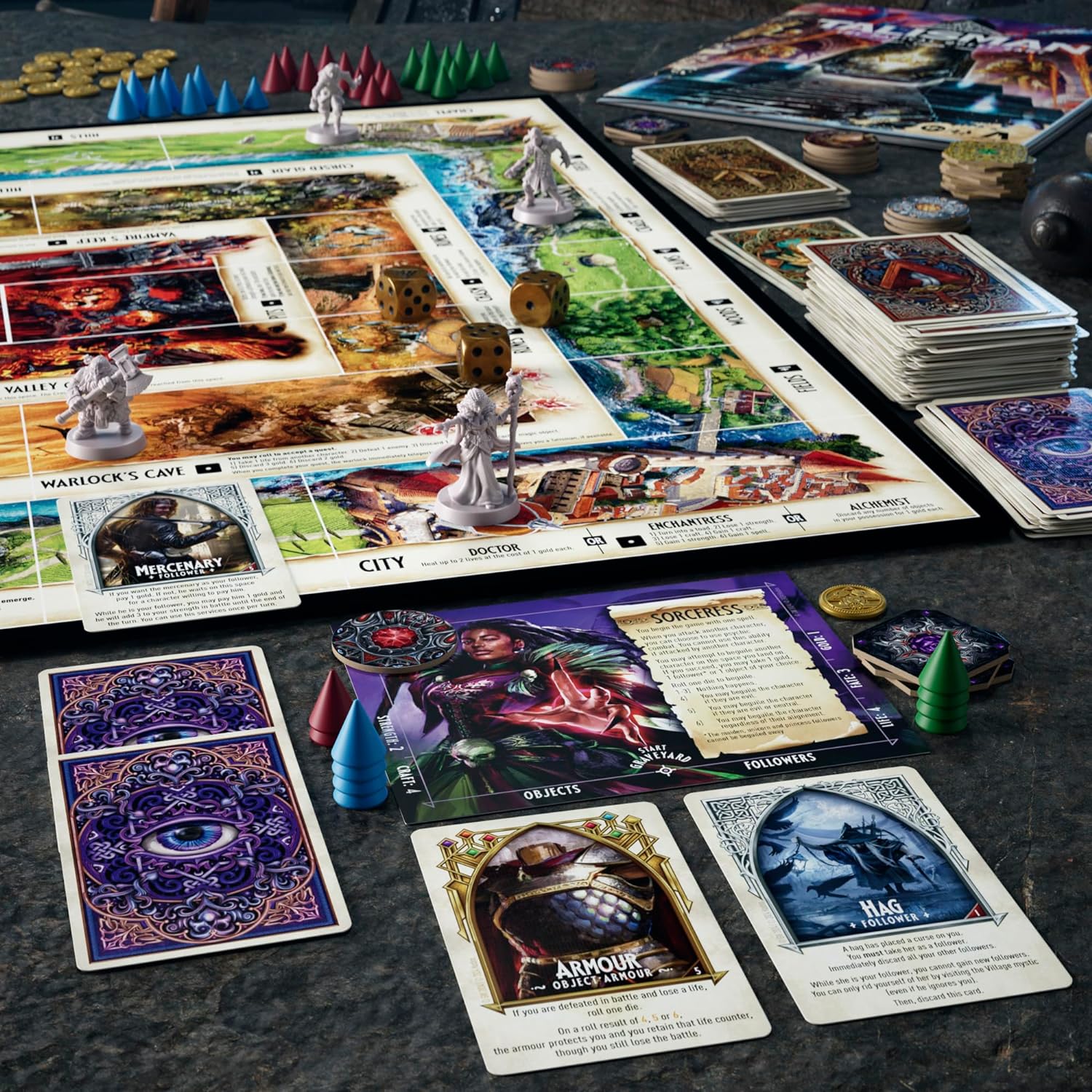 board of Talisman with character cards and equipment cards