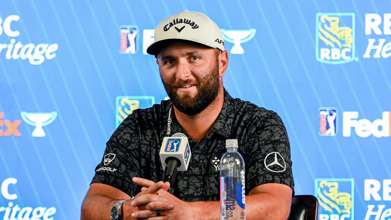 Jon Rahm speaks to the media before the 2023 RBC Heritage