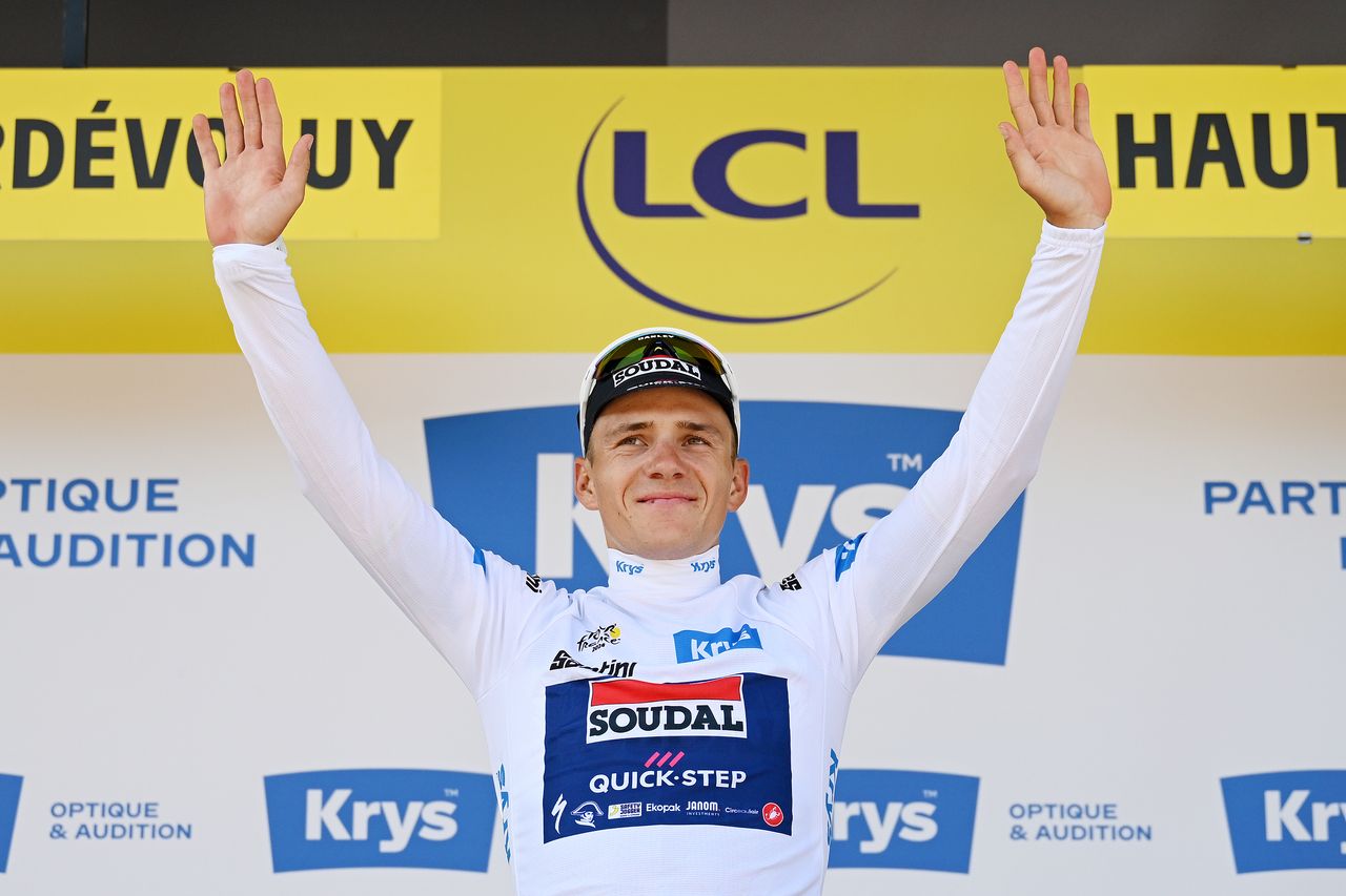 Remco Evenepoel on the podium after stage 17 of the Tour de France