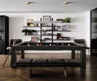 Black pool table, bench and shelves