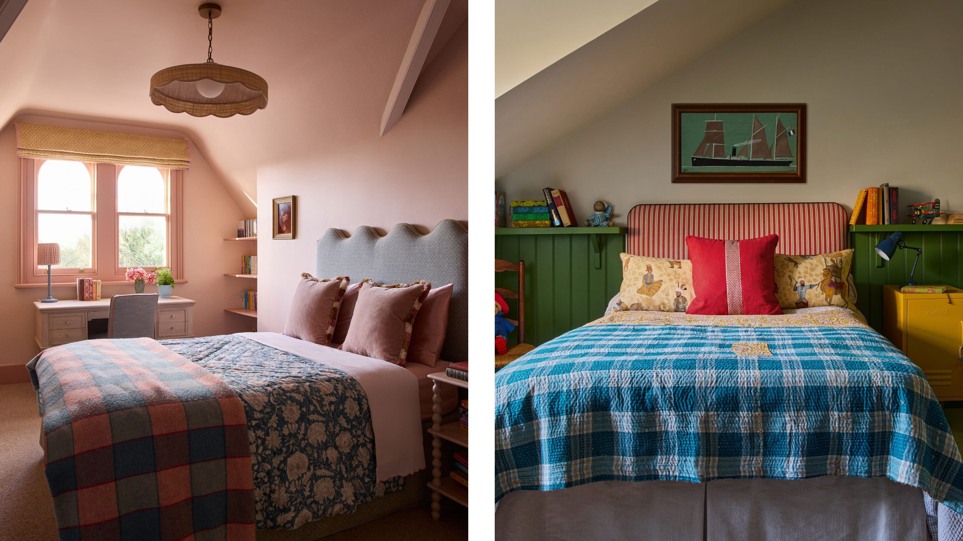 Split view: left shows a dusty-pink attic bedroom with a scalloped headboard and small desk; right shows a cozy bedroom with a red striped headboard and blue plaid quilt.