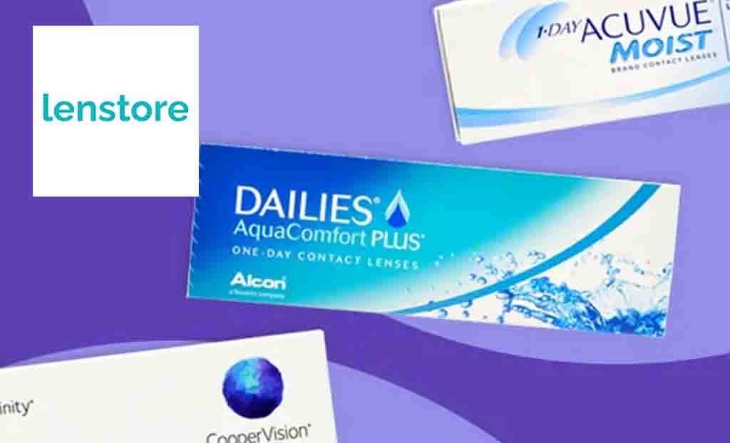 Lenstore logo placed over three lenstore eye care products