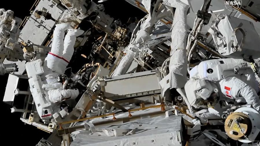 NASA astronaut Anne McClain (left) and Canadian Space Agency astronaut David Saint-Jacques (right) conducted a 6.5-hour spacewalk on April 8, 2019.