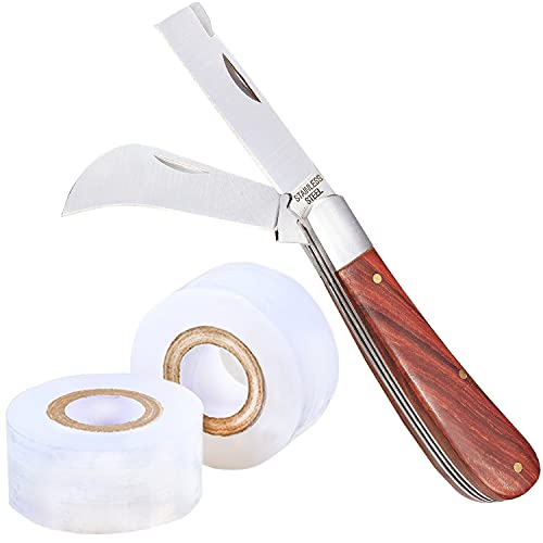 Pueldu Grafting Knife With 2 Blades &amp;amp; 2 Tapes - Stainless Steel Gardening Tool for Plant Grafting, Pruning, Fruit Picking - Portable Rosewood Handle, Bark Lifter (foldable)