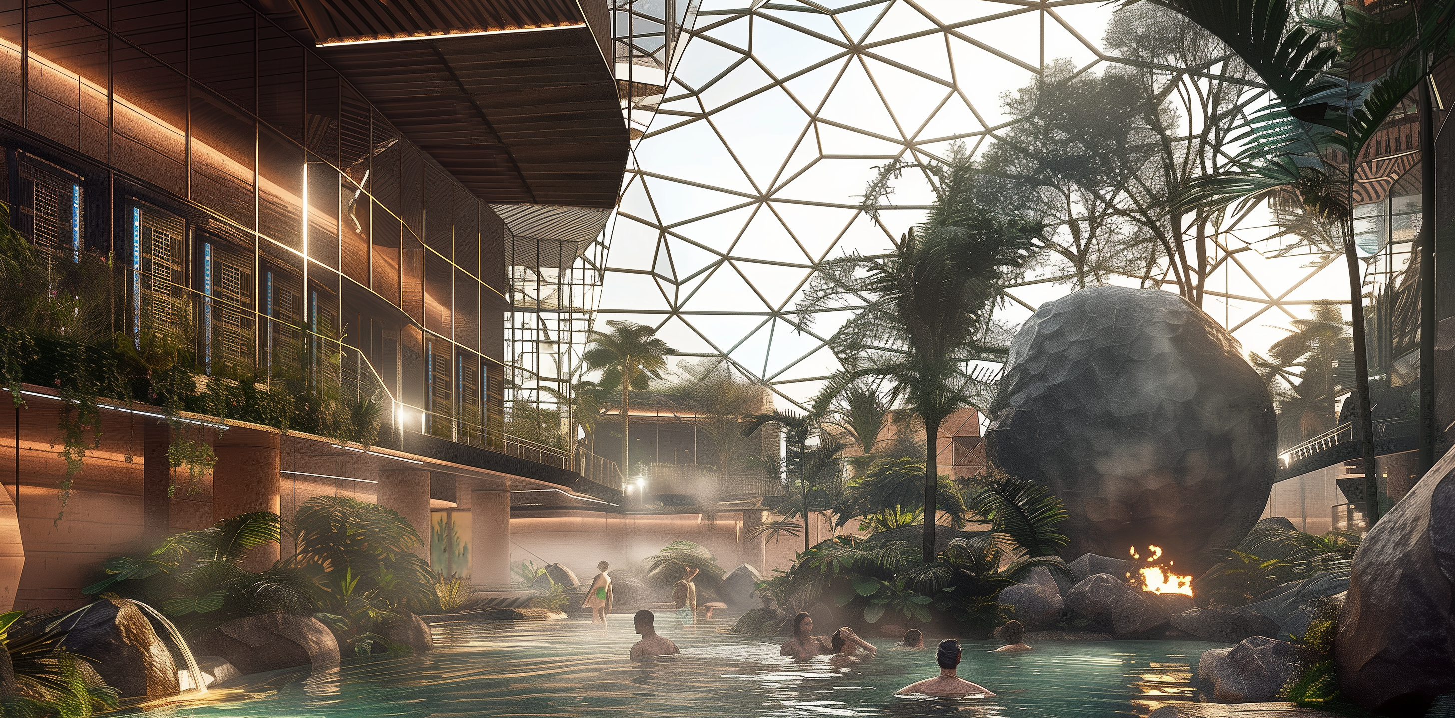 Concept image of a geothermal spa with data center under a glass canopy roof.