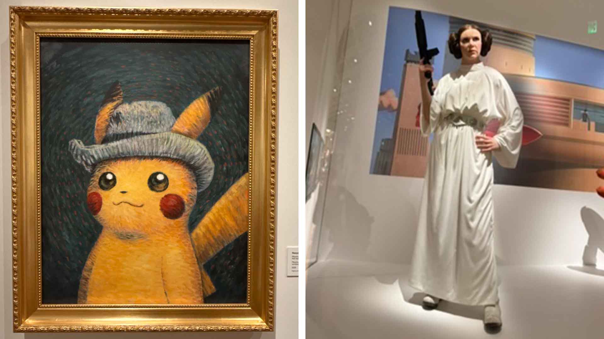 Photos from inside an art gallery featuring Pokemon and Star Wars