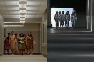 Side by side hallway scenes from "Hidden Figures" (left) and "The Right Stuff."