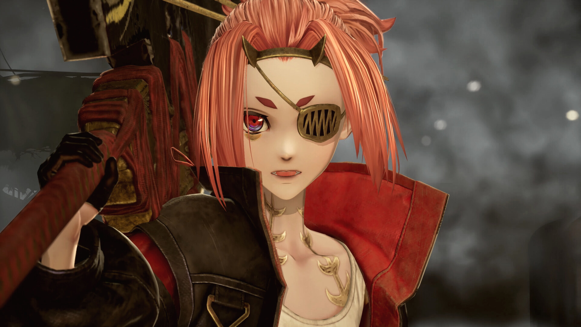Code Vein 2's Josee Anjou, one of the player character's partners, wielding a huge greatsword, sporting a metallic eyepatch and bright red hair.