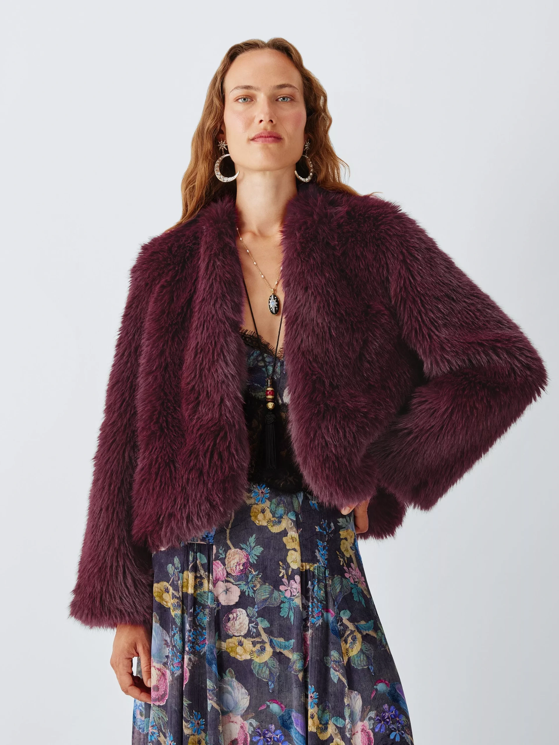 John Lewis X Rixo Peppi Faux Fur Jacket, Burgundy