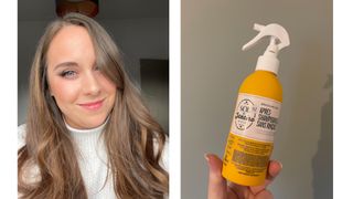 Two adjacent images showing beauty editor Victoria (left) and a handheld shot of the Sol de Janeiro Leave-In Conditioner (right)