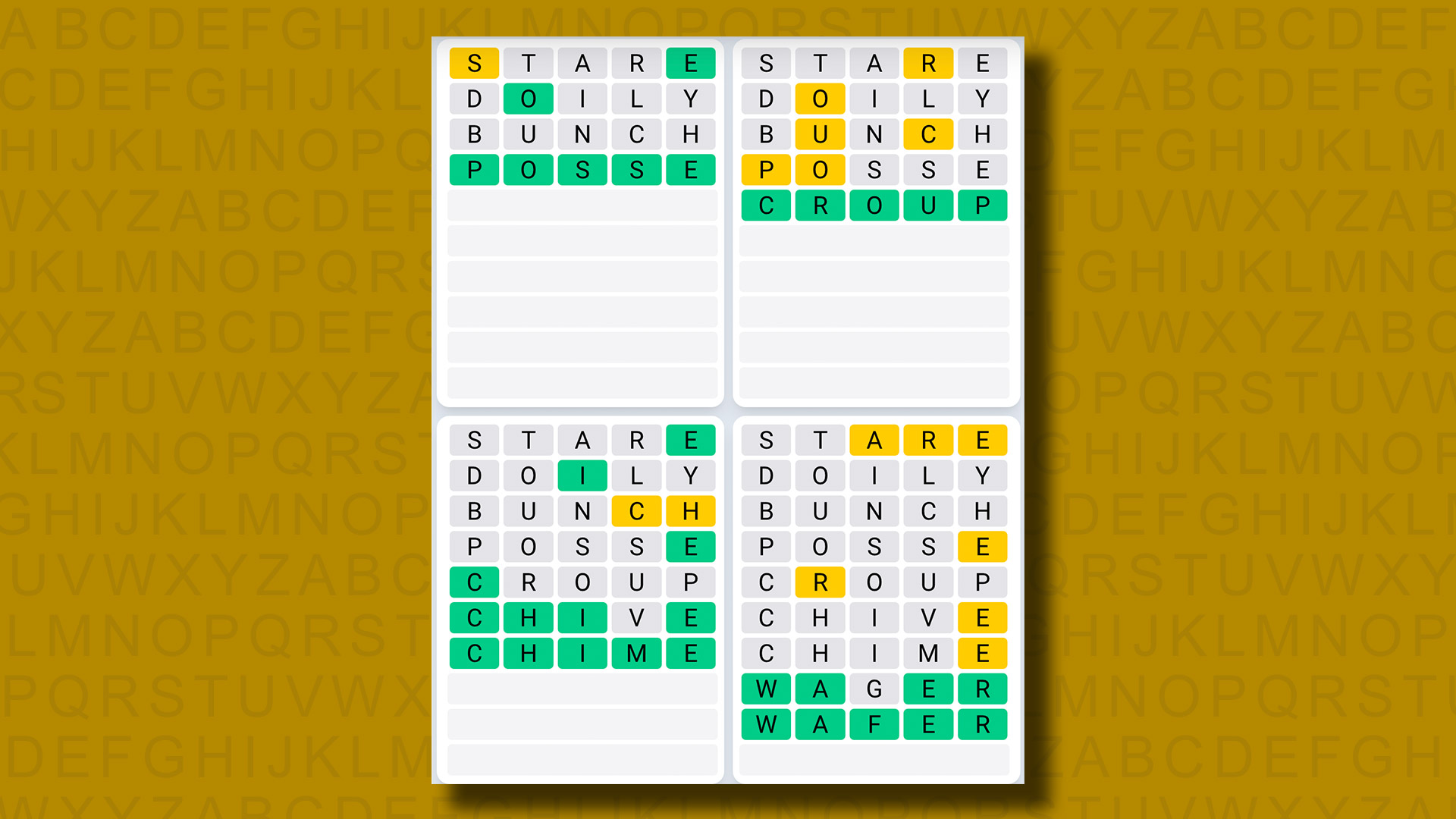 پاسخ Quordle Daily Sequence برای بازی 938 در پس زمینه زرد