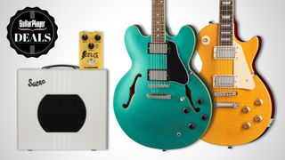 Image of two epiphone guitars with a Supro amp and TC Electronic pedal
