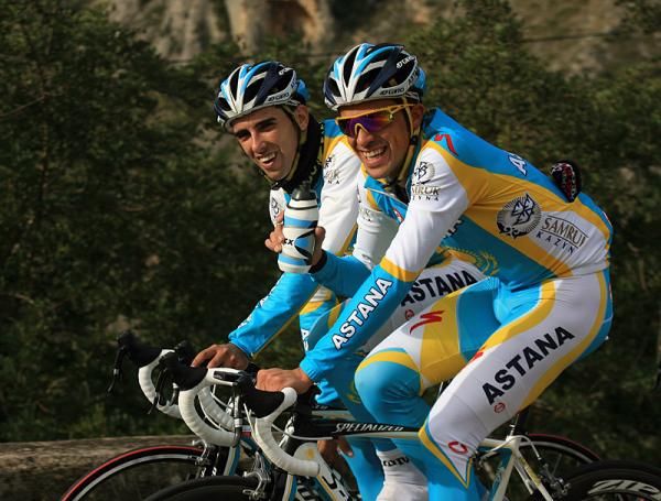 Astana's Daniel Navarro and Alberto Contador during the team's training camp in Calpe.
