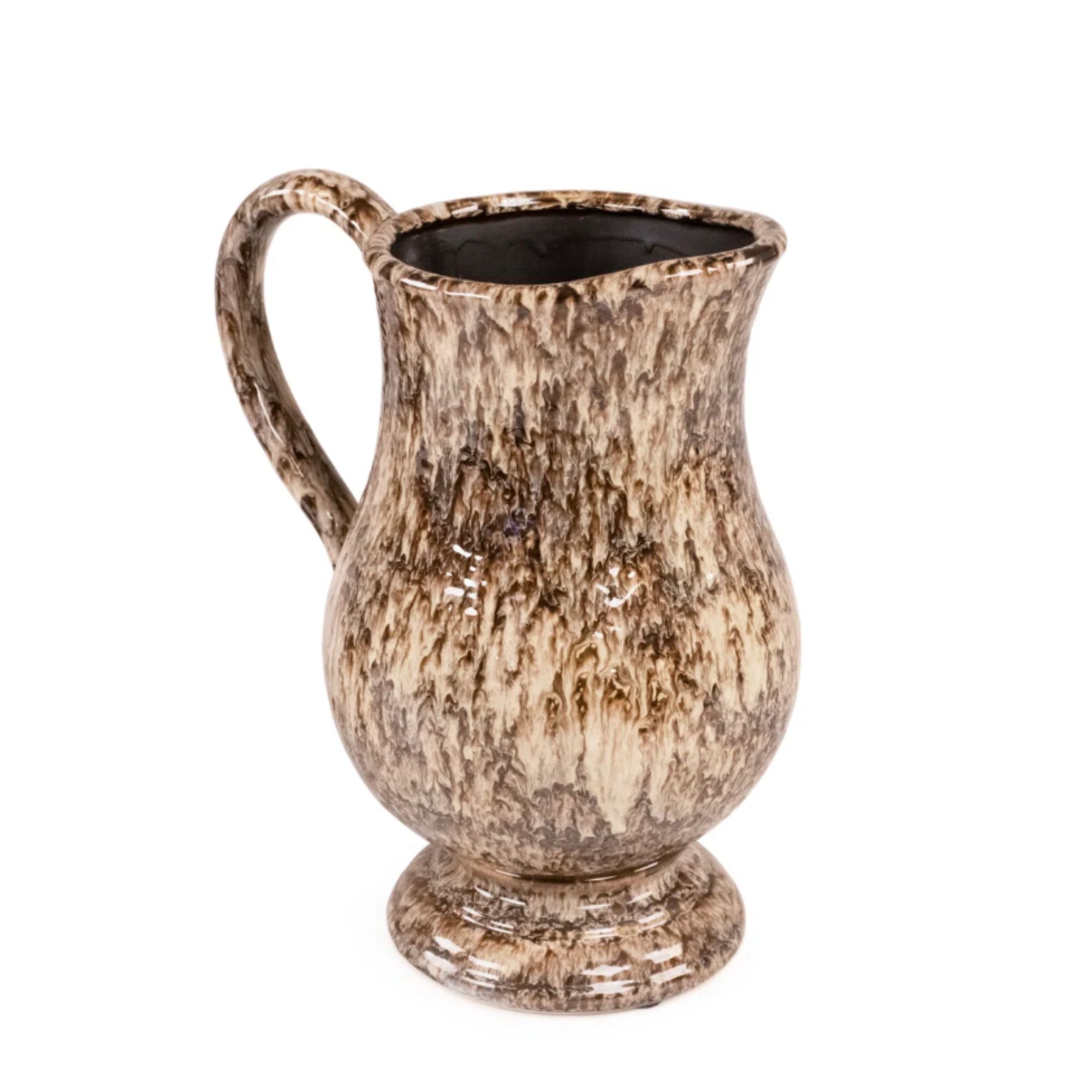 Distressed brown and white pitcher with handle