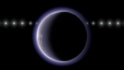 An illustration showing a small object going behind a blue glowing sphere in the darkness of space. 