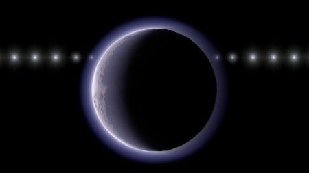 An illustration showing a small object going behind a blue glowing sphere in the darkness of space. 