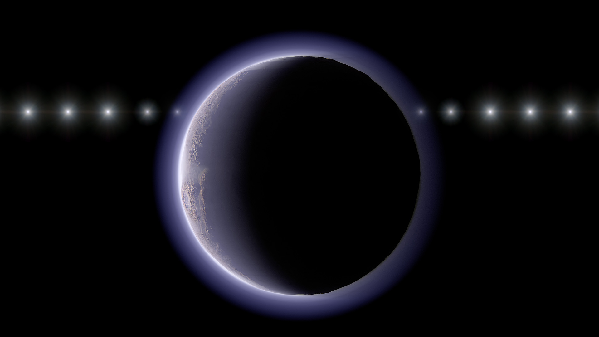 An illustration showing a small object going behind a blue glowing sphere in the darkness of space. 