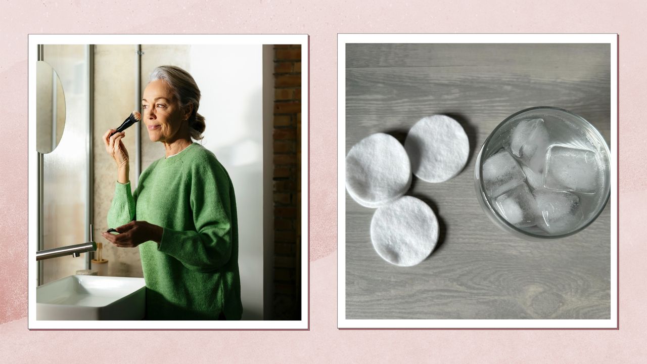 Collage of woman with grey hair and wearing a green jumper applying makeup and glass of iced water water and cotton rounds at the side, on a pink watercolour background